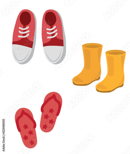 Different types of shoes, slippers for different seasons. Vector illustration
