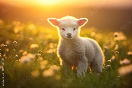 Cute lamb on green meadow during sunrise © ORG
