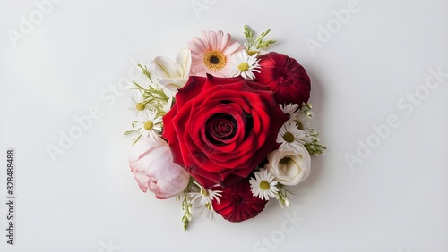 The image features a central red rose surrounded by pink peonies  white ranunculus  yellow-centered daisies  and deep red dahlias  all arranged beautifully on a plain white background.