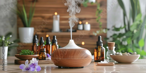 Essential oil diffuser surrounded by bottles of herbal oils, illustrating the connection between aromatherapy and beauty