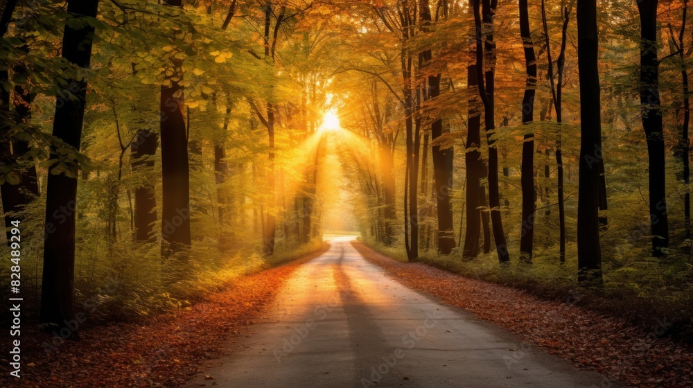 Scenery of forest road under sunlight at sunset in winter Scenery of forest road under sunlight at sunset in winter