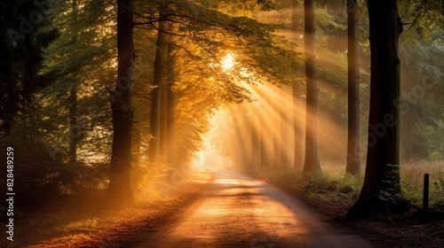 Scenery of forest road under sunlight at sunset in winter