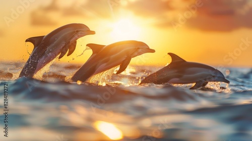 Three dolphins leaping out of the ocean against a setting sun, showcasing their agility and grace in motion