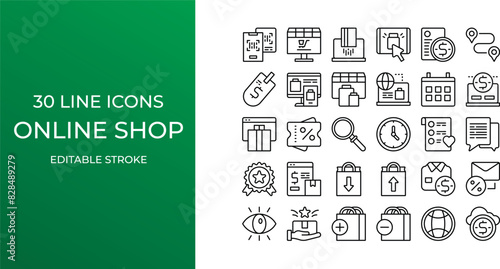 Online shop icon set vector line editable stroke. location, price, discount, purchase and more