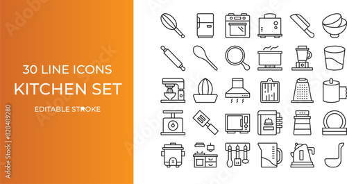 Kitchen set icon set vector line editable stroke. oven, knife, glass, pan and more
