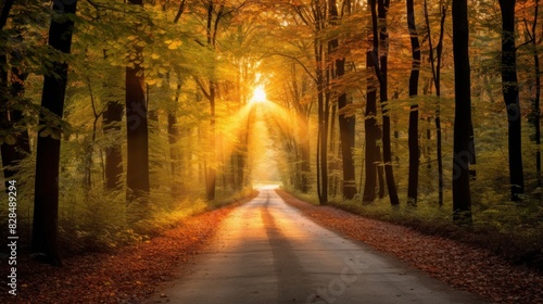 Scenery of forest road under sunlight at sunset in winter