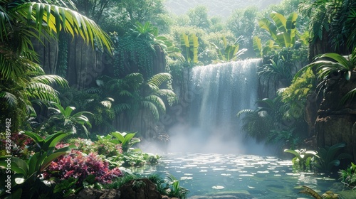 Tropical Paradise: Capture the lush beauty of a tropical rainforest with dense foliage, exotic plants, and a cascading waterfall. Show the vibrant life and lushness of this ecosystem.