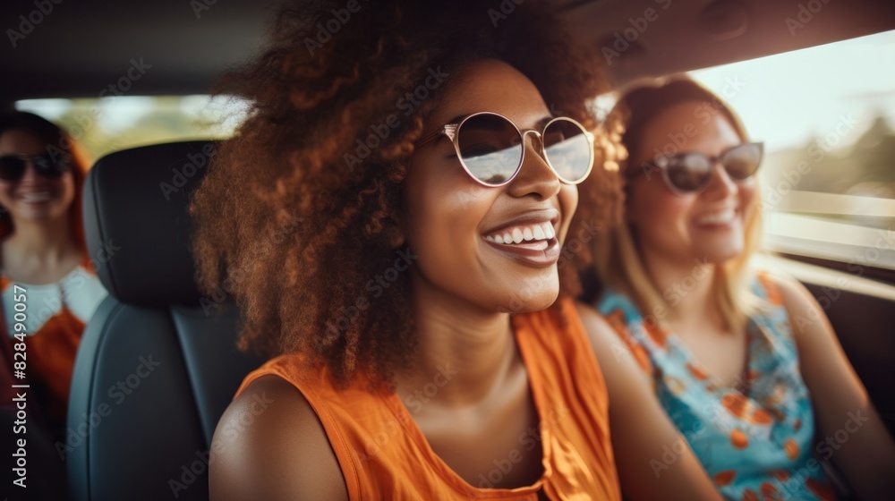 Happy multiracial women smile happily while riding in modern cars enjoying summer vacation. Traveling Happy multiracial women smile happily while riding in modern cars enjoying summer vacation. Traveling