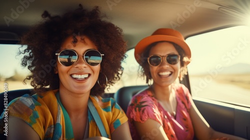 Happy multiracial women smile happily while riding in modern cars enjoying summer vacation. Traveling © ORG