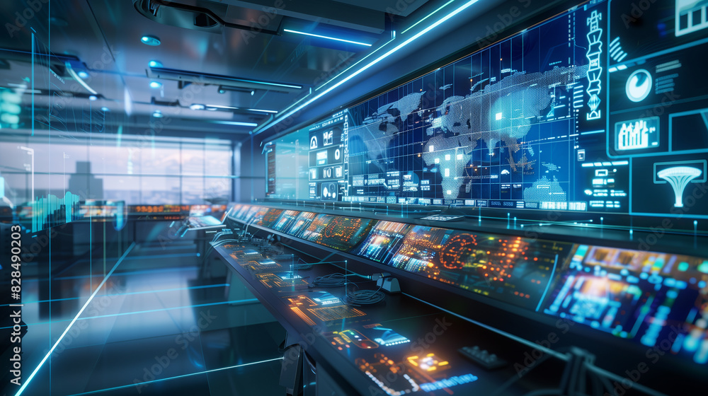 A futuristic cityscape with a large screen displaying a map of the world. Scene is one of technological advancement and progress A futuristic cityscape with a large screen displaying a map of the world. Scene is one of technological advancement and progress