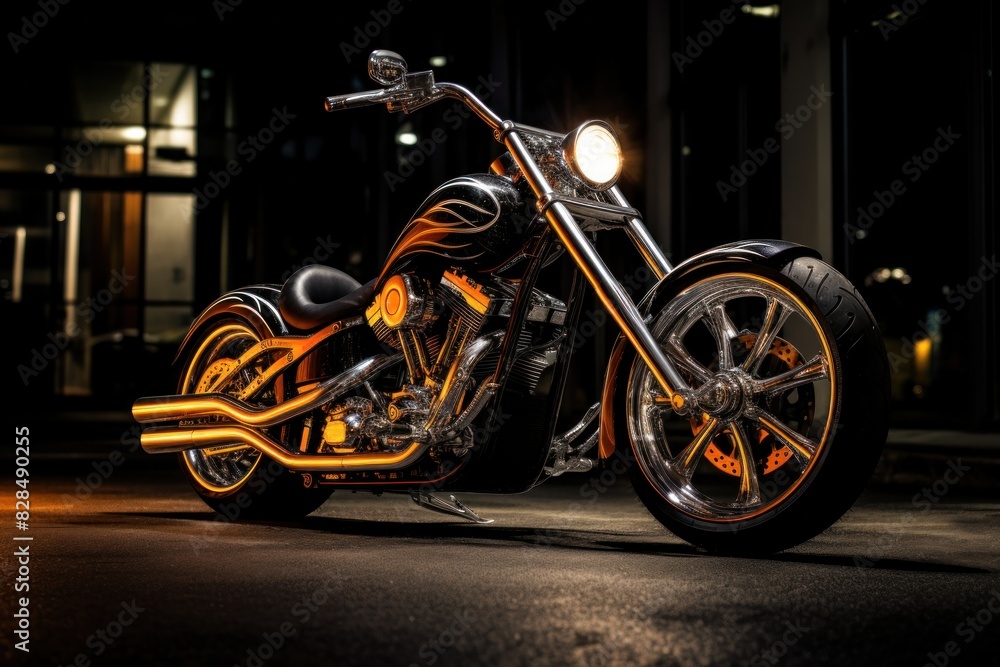 The high-powered chopper motorcycle at night with its glistening lights is mesmerizing. The high-powered chopper motorcycle at night with its glistening lights is mesmerizing.