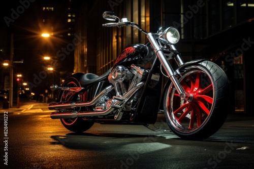 The high-powered chopper motorcycle at night with its glistening lights is mesmerizing.