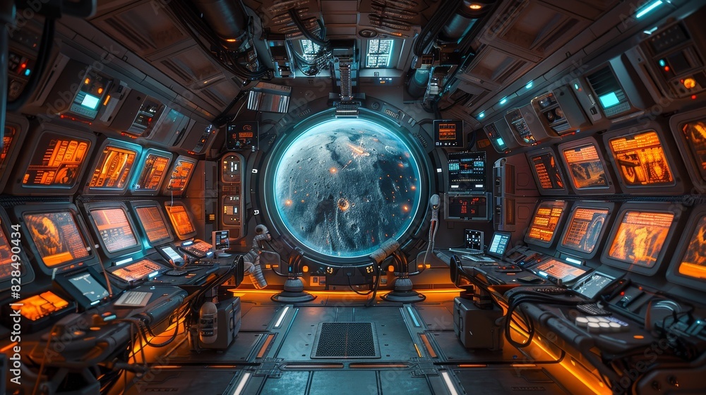 Obraz premium A space station with a large window that shows the Earth