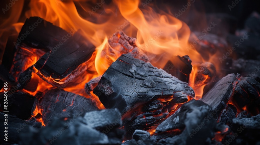 Burning hot coals, flames