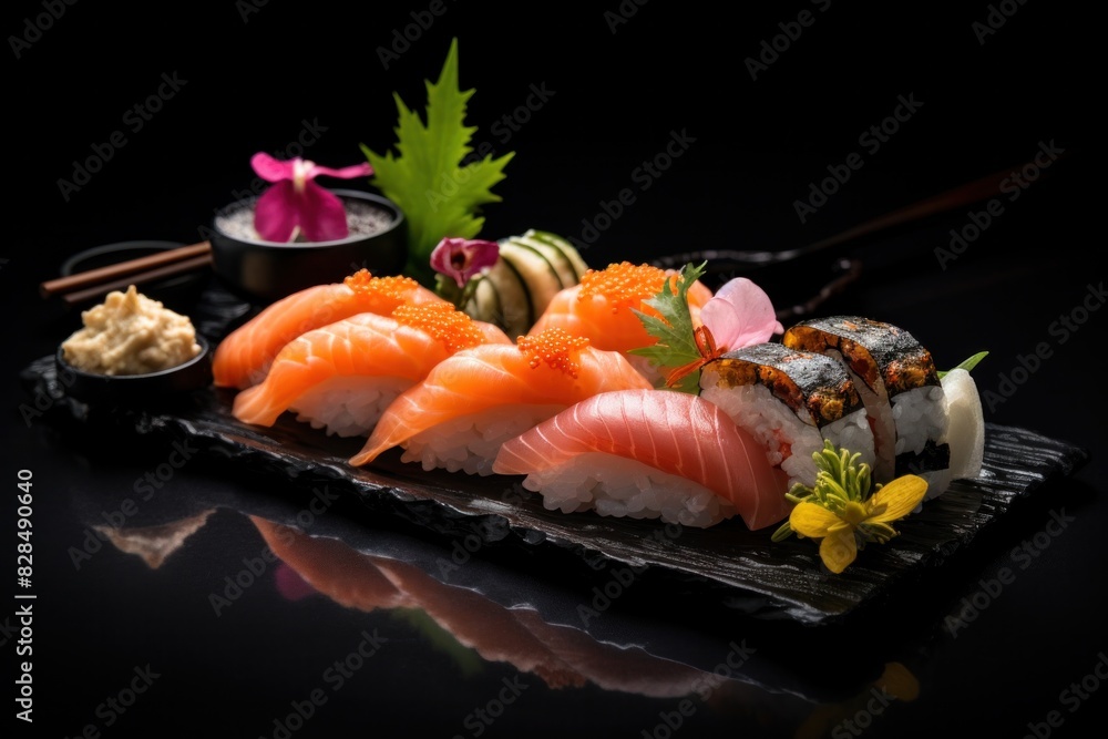 Delicious sushi, Japanese seafood set on black background Delicious sushi, Japanese seafood set on black background