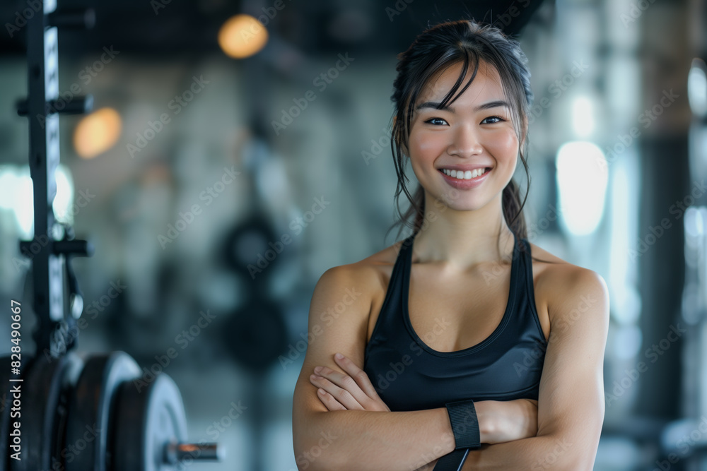 Obraz premium Portrait of a beautiful smiling Asian woman standing with arms crossed in a gym