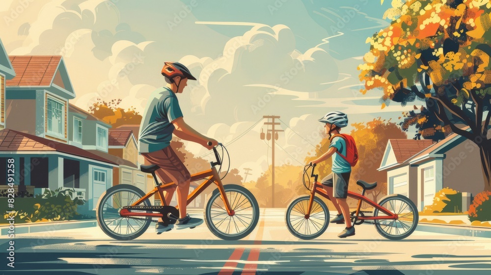 Obraz premium heartwarming vector a father teaching his child how to ride a bike, with the child on training wheels and the dad providing support, set against a suburban neighborhood backdrop, symbolizing Generativ