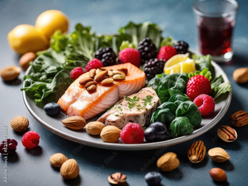 A plate filled with kidney-friendly foods, such as leafy greens, berries, fish, and nuts, highlighting the role of nutrition in maintaining kidney health. with Generative AI Technology
A plate filled with kidney-friendly foods, such as leafy greens, berries, fish, and nuts, highlighting the role of nutrition in maintaining kidney health. with Generative AI Technology