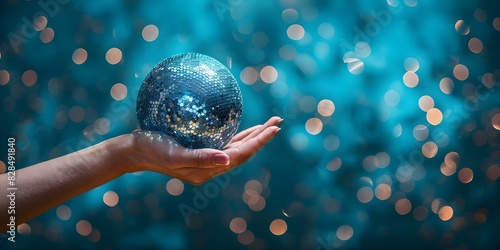 Womans hand holds disco ball evoking celebration and retro 80s90s parties. Concept Celebration, Retro Parties, Disco Ball, 80s-90s, Woman's Hand photo