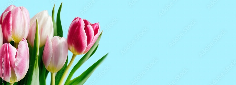 Pink and white tulips against a blue background. Concept: spring, beauty, elegance. For floral shops, greeting cards, celebration campaigns, Mother's Day, weddings, Easter, and floral holidays. Pink and white tulips against a blue background. Concept: spring, beauty, elegance. For floral shops, greeting cards, celebration campaigns, Mother's Day, weddings, Easter, and floral holidays.