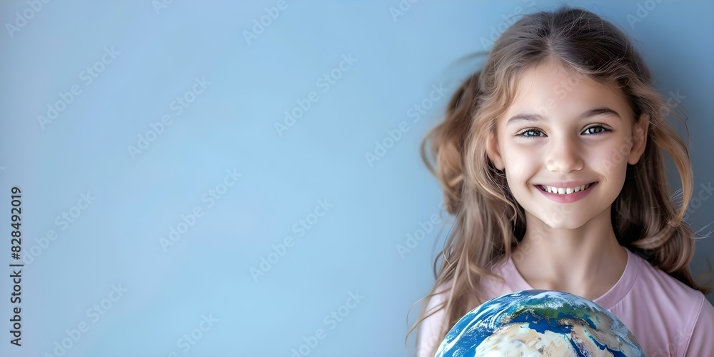 Smiling Girl Standing Next to Earth Symbolizing Climate Change Awareness and Environmental Care. Concept Environmental Care, Climate Change Awareness, Smiling Girl, Earth Symbolism Smiling Girl Standing Next to Earth Symbolizing Climate Change Awareness and Environmental Care. Concept Environmental Care, Climate Change Awareness, Smiling Girl, Earth Symbolism