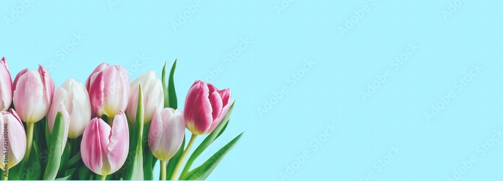 Pink and white tulips against a blue background. Concept: spring, beauty, elegance. For floral shops, greeting cards, celebration campaigns, Mother's Day, weddings, Easter, and floral holidays. Pink and white tulips against a blue background. Concept: spring, beauty, elegance. For floral shops, greeting cards, celebration campaigns, Mother's Day, weddings, Easter, and floral holidays.