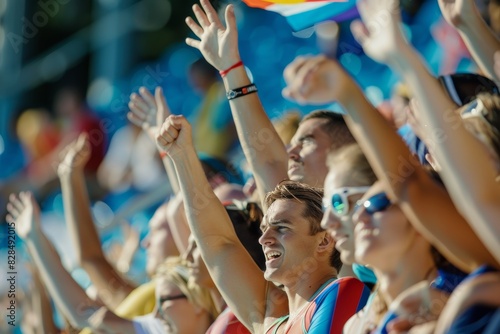 Excited Fans Cheering in Stands at Olympic Swimming Event.