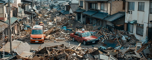 The consequences of the earthquake, destroyed buildings, streets littered with debris, devastation all around.