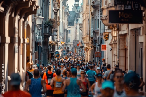 Marathon Runners in Historic City Center with Festive Crowds and Warm Atmosphere for Event Posters or Print