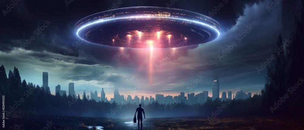 UFO illustration. Alien Abduction. UFO. UFO with elevate beam in forest ...