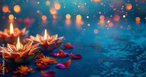 illustation of Diwali festival of lights tradition Diya oil lamps against dark background
A traditional Indian art of decorating the entrance to a house. Diwali festival holiday design. 
