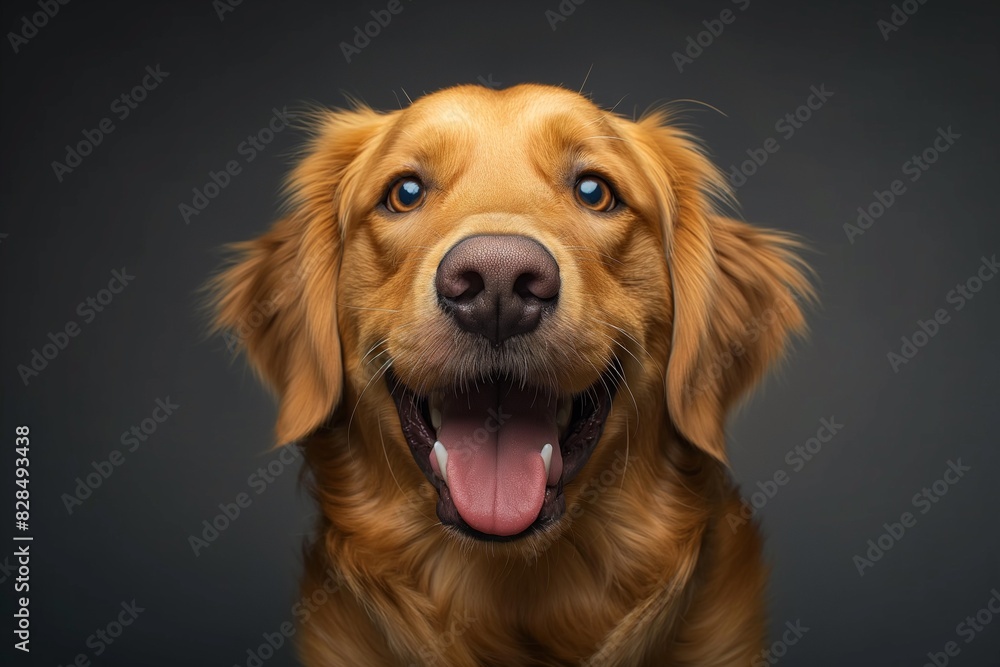 In a studio photo, a friendly golden retriever dog is captured pulling a funny face, radiating charm and playfulness. This portrait perfectly captures the lovable and humorous nature of the dog. 