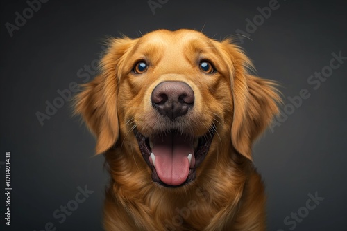 In a studio photo, a friendly golden retriever dog is captured pulling a funny face, radiating charm and playfulness. This portrait perfectly captures the lovable and humorous nature of the dog.  © Mark G