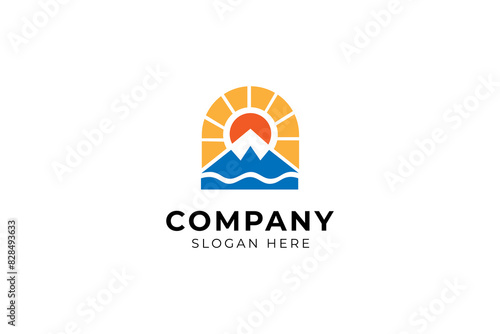 sunrise sunset behind mountain with waves in flat template vector logo design