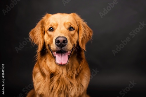 In a studio photo  a friendly golden retriever dog is captured pulling a funny face  radiating charm and playfulness. This portrait perfectly captures the lovable and humorous nature of the dog. 
