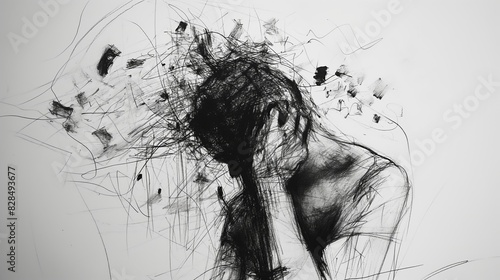 A man is drawing a face with a sad expression. The drawing is filled with lines and he is a representation of a person's emotions