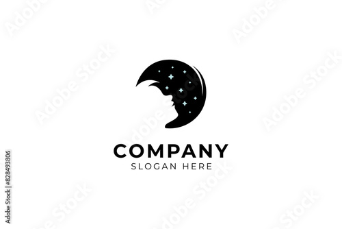 silhouette image of a boy looking up at the stars in space on a moon background in a flat logo design vector template