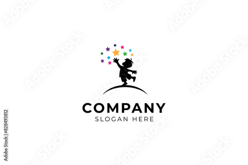 silhouette image of a child reaching for the stars in the sky with colorful flat template vector logo design