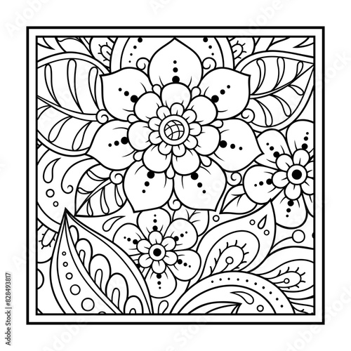 Outline square flower pattern in mehndi style for coloring book page. Antistress for adults and children. Doodle ornament in black and white. Hand draw vector illustration.