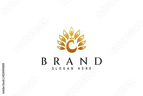 Golden peacock logo with luxury template vector design style