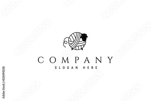 Yarn Knitting wall ball Logo with Sheep shape Line art Icon Template Vector Design