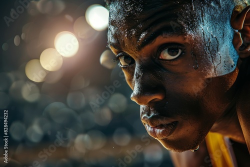 Focused Shot Put Athlete Preparing for Throw Under Stadium Lights - Sports Photography for Posters or Prints photo