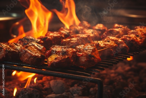Grilled meat on barbecue grill  closeup. Barbecue food