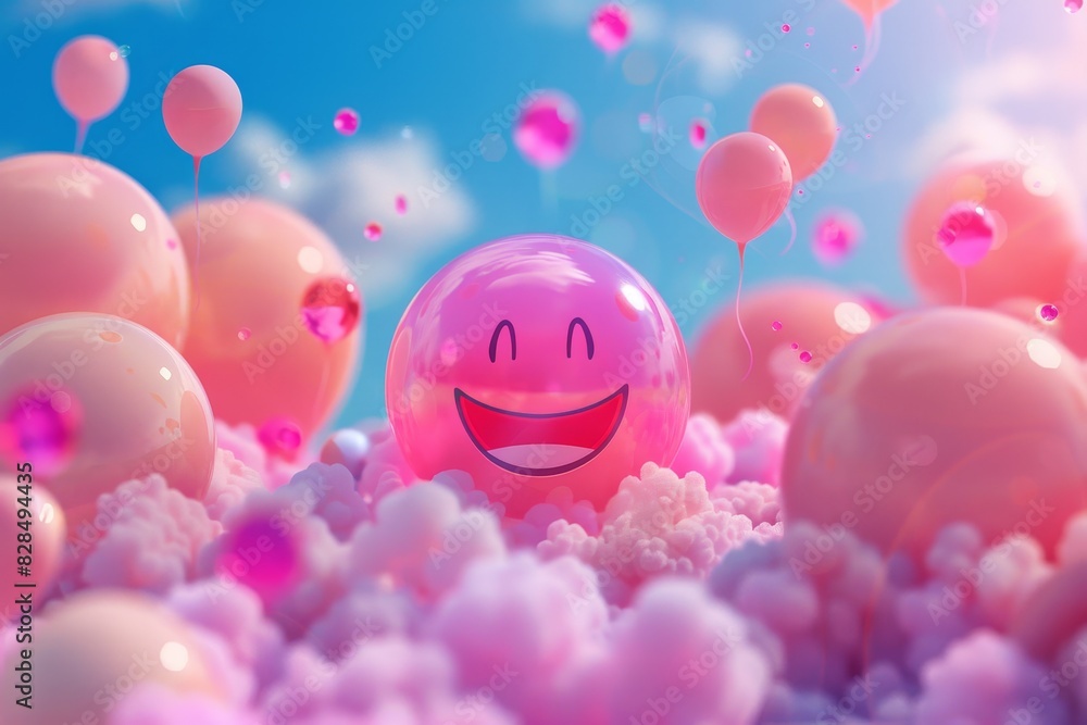 A pink and white image of a smiling ball surrounded by many pink A pink and white image of a smiling ball surrounded by many pink