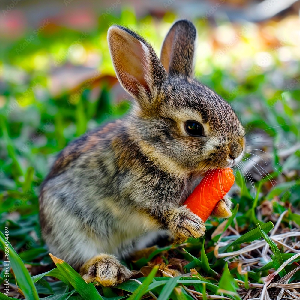 Fototapeta premium rabbit eating carrots in the grass