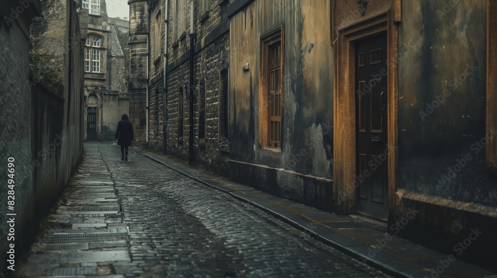 A man walks down a narrow, cobblestone street. The street is lined with old buildings, and the atmosphere is quiet and peaceful A man walks down a narrow, cobblestone street. The street is lined with old buildings, and the atmosphere is quiet and peaceful