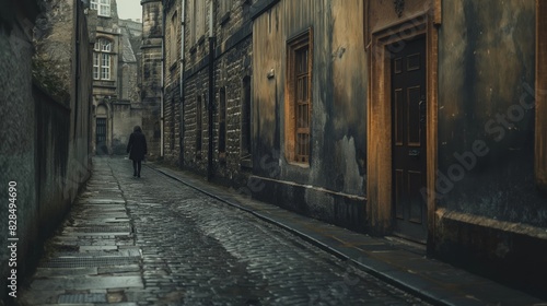 A man walks down a narrow  cobblestone street. The street is lined with old buildings  and the atmosphere is quiet and peaceful