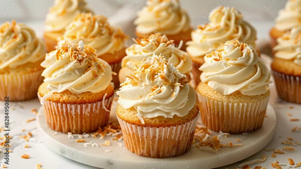 A tower of fluffy coconut cupcakes frosted with a light coconut cream frosting and finished with a sprinkle of toasted coconut flakes. A tower of fluffy coconut cupcakes frosted with a light coconut cream frosting and finished with a sprinkle of toasted coconut flakes.