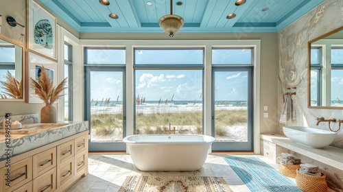 Minimalist contemporary bathroom of a villa hotel by beach in blue theme