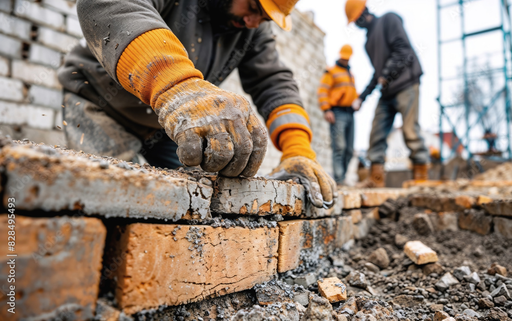 Detailed view of a builder's hands installing bricks with colleagues in the background on a construction site Detailed view of a builder's hands installing bricks with colleagues in the background on a construction site